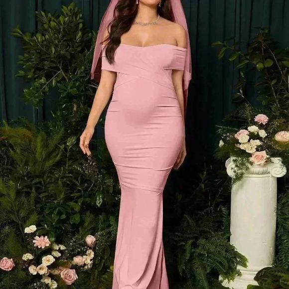 Pink Elegant Women's Solid Color Maternity Off Shoulder Mermaid Dress - Picture 4 of 6